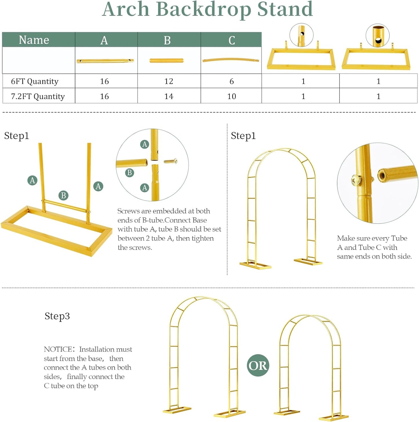 WellSign Wedding Arch Backdrop Stand 7.2FT, 6FT Set of 2, Gold Metal Balloon Arch kit Stand for Gender Reveal Ceremony Engagement Anniversary Bridal Valentine Party Event Decoration