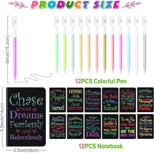 12 Pcs Mini Inspirational Notebooks Bulk with 12 Pcs Colorful Pens, Small Pocket Journal Notepads Set, Motivational Bulk Gifts for Women Men Teacher Student, Fun School Office Supplies, 3.5" x 5.5"