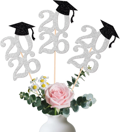 Class of 2026 Graduation Centerpieces, 10 Pcs Gold Glitter 2026 Centerpieces with Graduation Cap, Congrats Grad Party Decorations for Cake, Dessert & Centerpieces