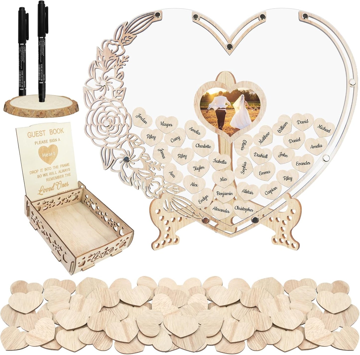 Wedding Guest Book Alternative Wooden Heart Guestbook Ideas Guest Book Wedding Reception with Wooden Hearts and Drop Box Sign in Book for Wedding Birthday Anniversaries Decorations