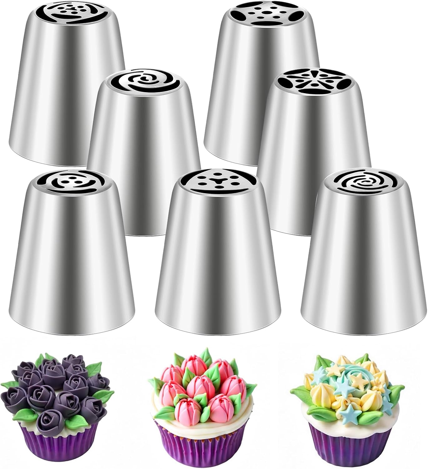Dimeho 7 Pcs Round Hole Piping Tips Set Stainless Steel Cupcake Frosting Nozzles Cake Decorating Tool Russian Pastry Icing Dispensers Supplies for Baking Cookies Puff Doughnut Cream Bag Filler