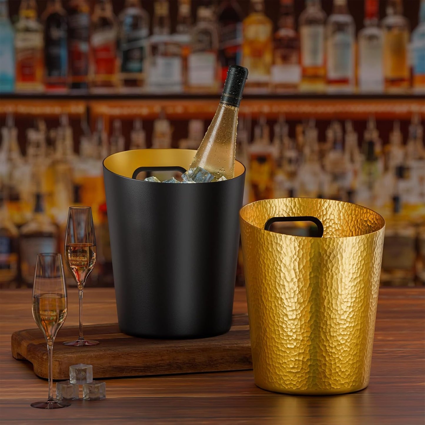 MorningRo 2 Pcs 5 Quart Black Champagne Ice Bucket 4.7 L Metal Doublewall Hammered Stainless Steel Wine Beer Chiller Home Bar Accessories for Football Sports Wedding Party Summer BBQ (Beveled Mouth)