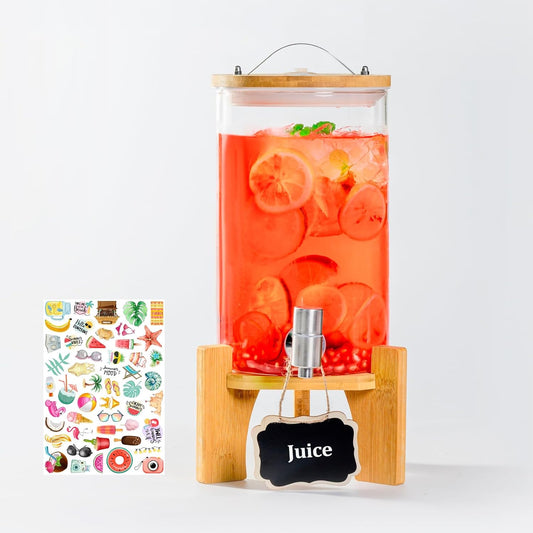 1.2 Gallon Large Glass Drink Dispenser For Parties, Beverage Dispenser with Bamboo Wood Stand and Stainless Steel Spigot, Juice, Lemonade, Water jug dispenser, Laundry Detergent Dispenser (2 PACK)