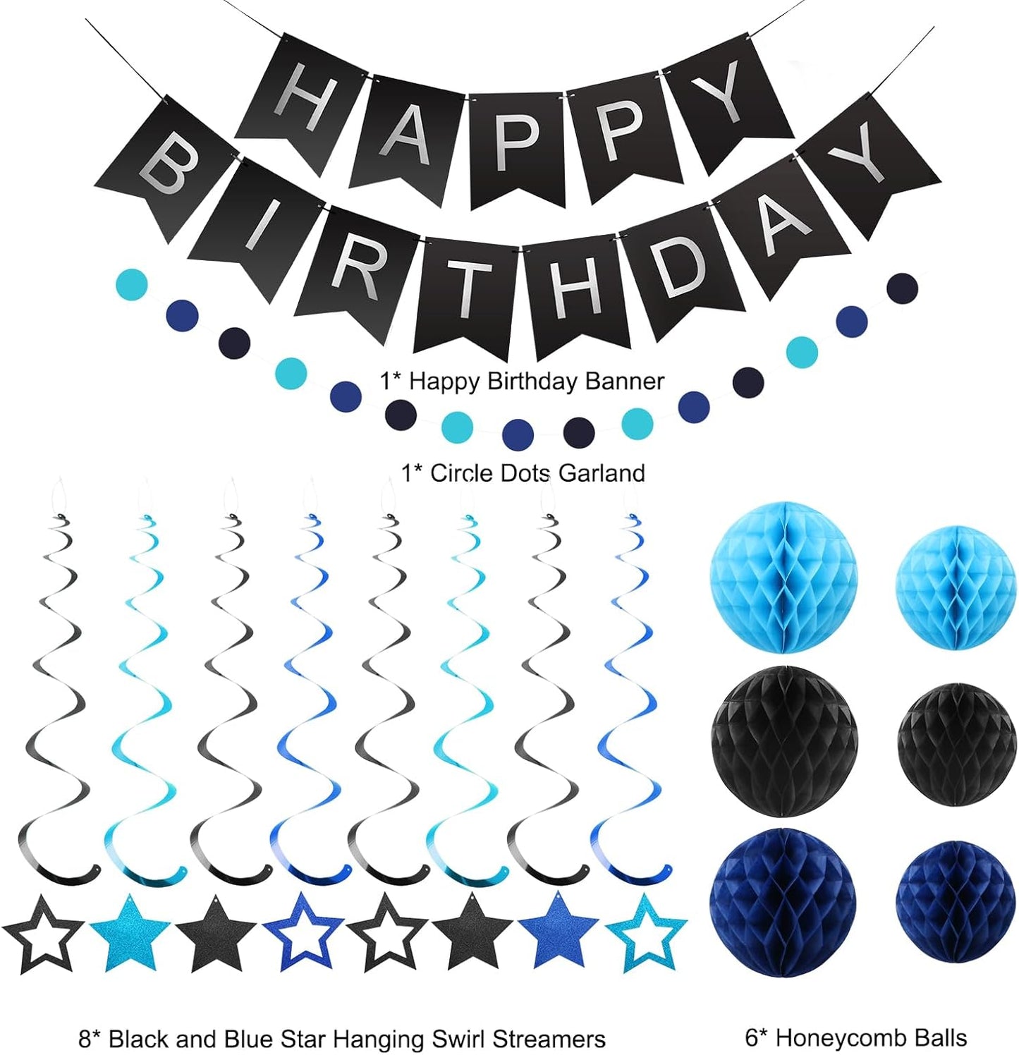 meowtastic Birthday Decorations, Happy Birthday Banner with Honeycomb Balls, Stars Hanging Swirl Streamers, Circle Dots Garland, Happy Birthday Party Decorations for Women Men Boys Girls (Blue)