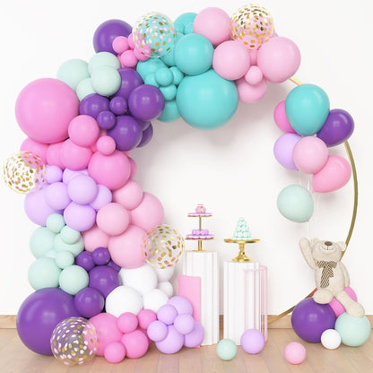 Amandir 153pcs Purple Blue Pink Balloon Garland Arch Kit, Different Sizes 18 12 10 5 inch Teal Yellow Latex Metallic Confetti Balloons for Magic Birthday Engagement Party Decoration