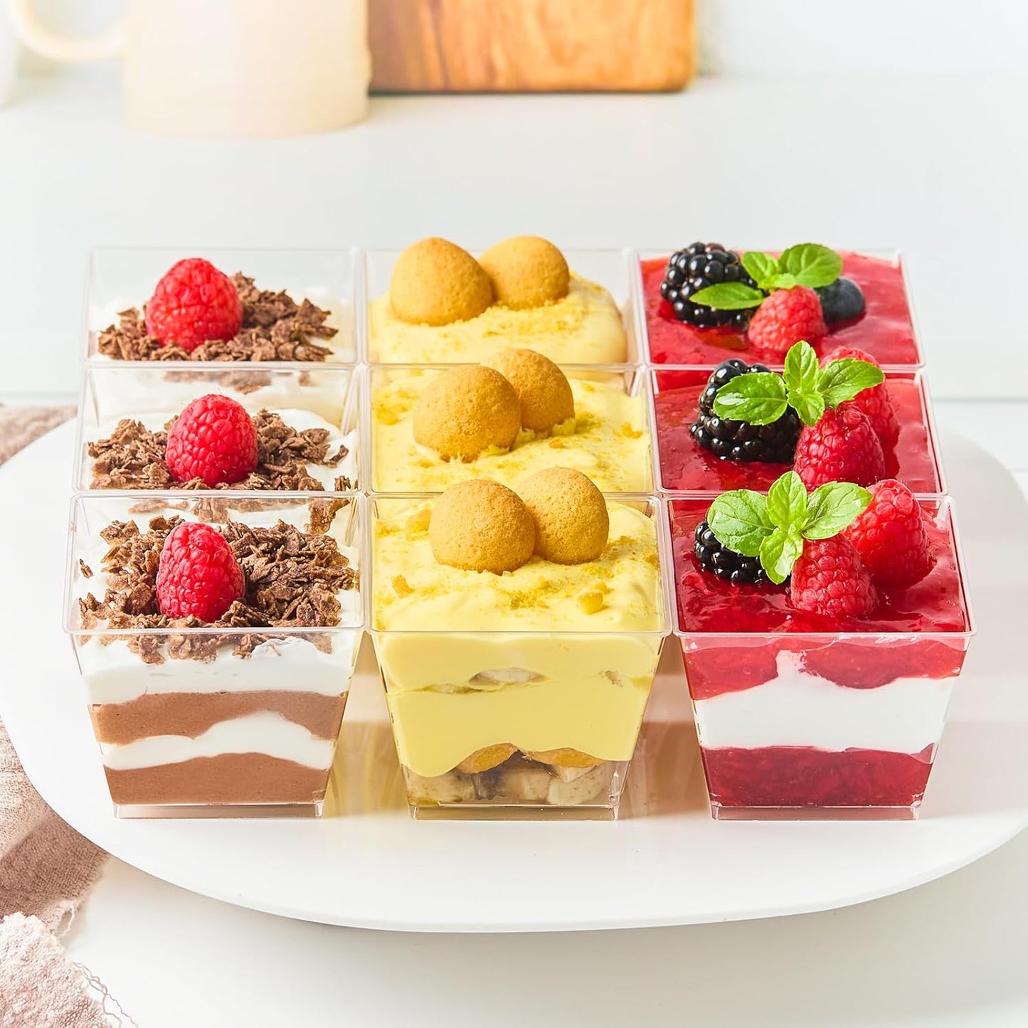 Zezzxu 3 oz Square Mini Dessert Cups with Spoons - 50 Pack Plastic Pudding & Parfait Cups Party Dessert Shooters for Serving Trifle Mousse Cake Appetizers