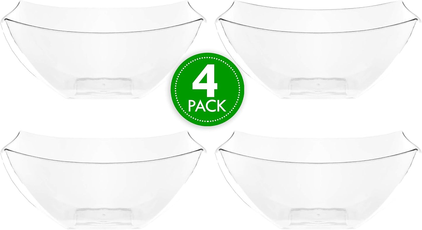 PLASTICPRO Disposable 64 ounce Square Serving Bowls, Party Snack or Salad Bowl, Large Plastic Elegant White Pack of 4