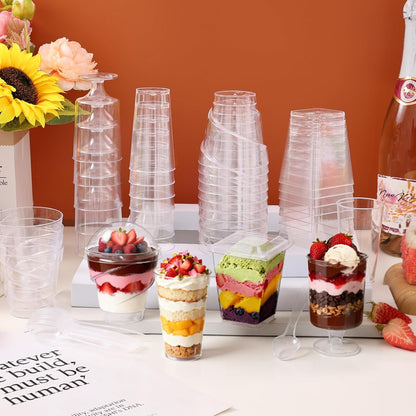 mwellewm 400 Pcs Dessert Cups with Lids and Spoons, 5 OZ Parfait Cups 3 OZ Plastic Desert Cups Clear Mini Shooter Cups for Party Reusable Small Appetizer Serving Fruit Cup Ice Cream Cake Pudding