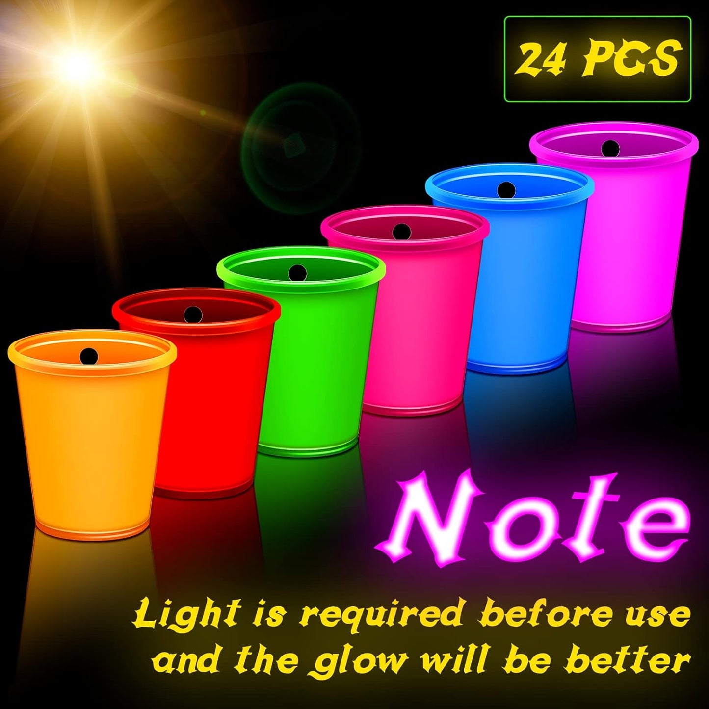 Sureio 24 Pieces Shot Glass Necklaces Light Up Necklace Shot Glasses Glow in the Dark Neon Plastic Shot Necklace Cups on Beaded for Halloween Christmas Wedding Glowing Party Favor, 6 Colors