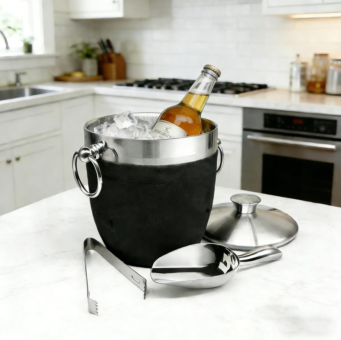 Fortune Candy Insulated Ice Bucket - Double Walled Stainless Steel Ice Bucket with Ice Tongs, Scoop, Lid, and Exclusive Handmade Nylon Holder - 2.8 L (Black)