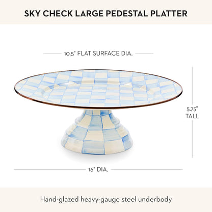 MACKENZIE-CHILDS Enamel Pedestal Platter, Round Cake Stand, Large, Black-and-White Courtly Check