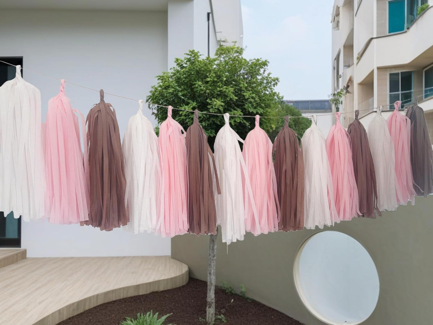 15 Pack Tissue Paper Tassel Garland Banner, Party Decoration in Pink, Brown and White Colors,DIY Kit