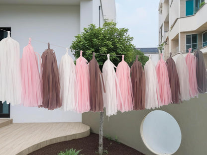 15 Pack Tissue Paper Tassel Garland Banner, Party Decoration in Pink, Brown and White Colors,DIY Kit