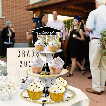 Set of 2 Graduation Cupcake Stand for 50 Cupcakes Black Gold Graduation Cap Decorations Cardboard Cake Dessert Holder Tower for Class of 2026 Congrats Grad Party Supplies