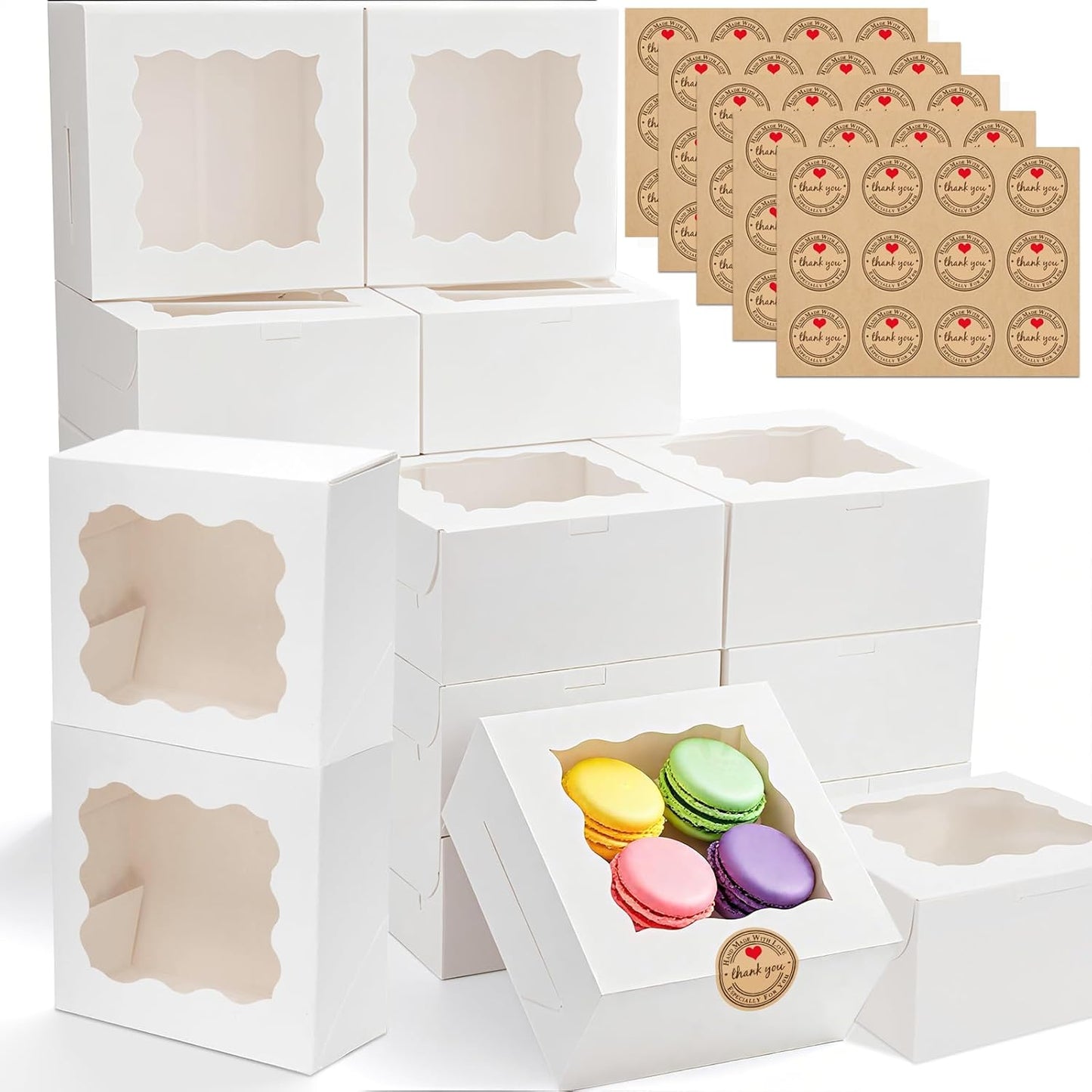 30pcs Cookie Boxes with Window, 6x6x3 Inches White Bakery Boxes, 36 Pcs Stickers,for Small Cookies, Treats, Candy, Desserts, Chocolate Covered Strawberries,Mini Cake Boxes