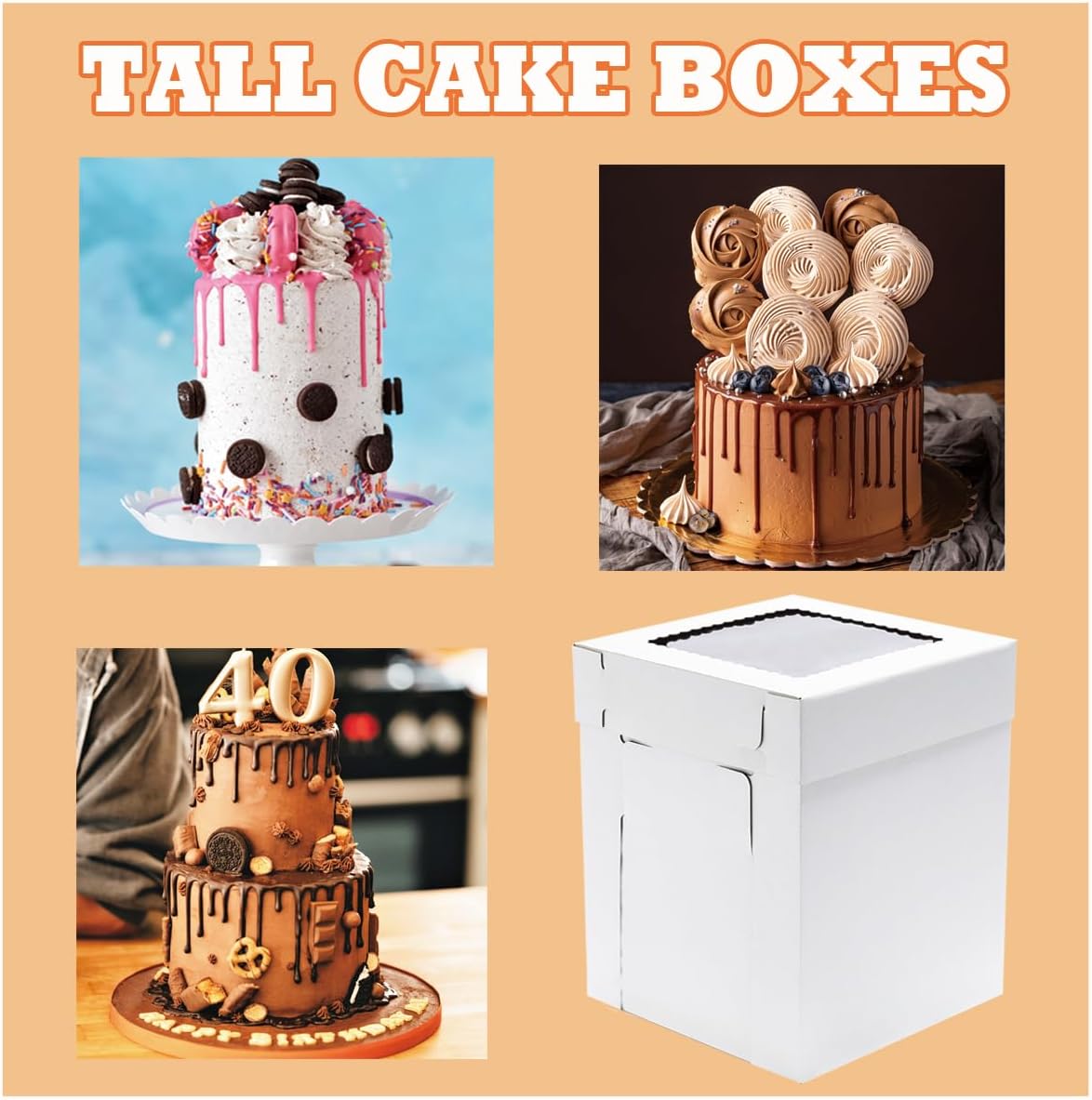JJO Tall Cake Boxes for Tier Cakes, 6 Pack 10x10x12 Inch,White Cake Boxes with Window,Sturdy Tall Cake Carrier, Disposable Cake Containers