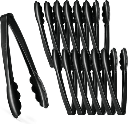 [Black Tongs 7.5'' Inches] Plasticpro 7.5'' Serving Tongs Heavy Duty Reusable Kitchen and BBQ Black Serving Tong for party's, Caterings, Events, Buffet, Weddings, And every Day use Pack of 12