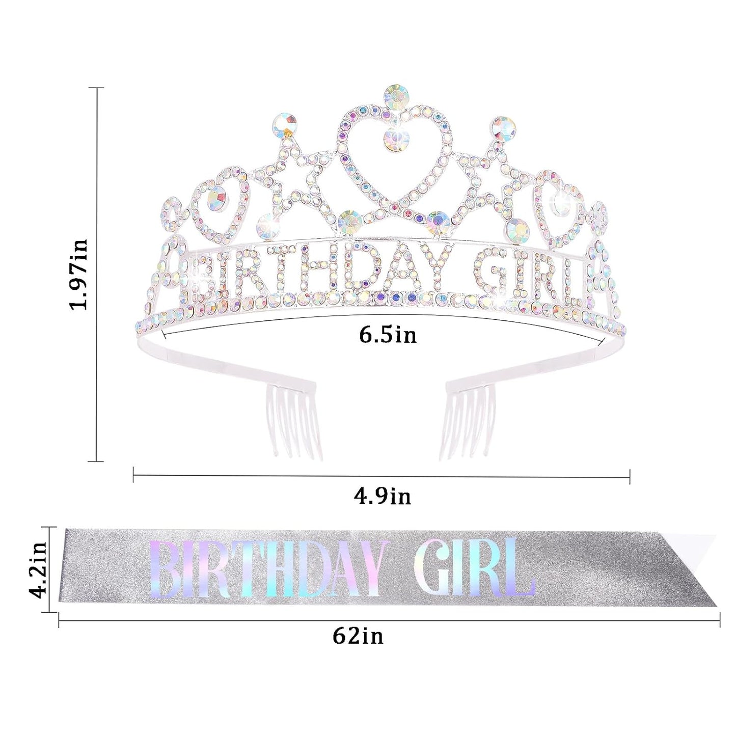 CIEHER Birthday Girl Crown and Sash Set for Birthday Decorations Gifts for Women Girls - Silver AB Rhinestones