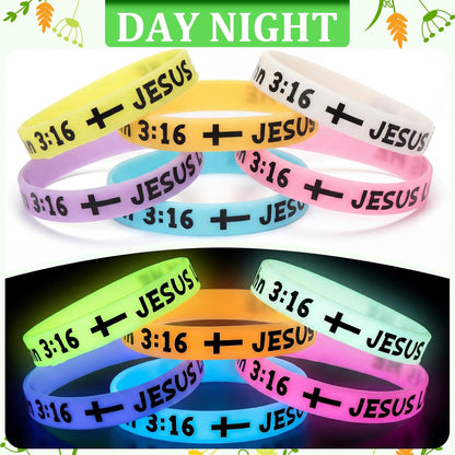 Tondiamo 60 Pcs Vbs 2026 Glow in The Dark 8'' Christian Wristbands Bulk, John 3:16 Bible Verse Luminous Bracelet with Scripture Words Christian Gift for Missionaries Religious Church (Stylish)