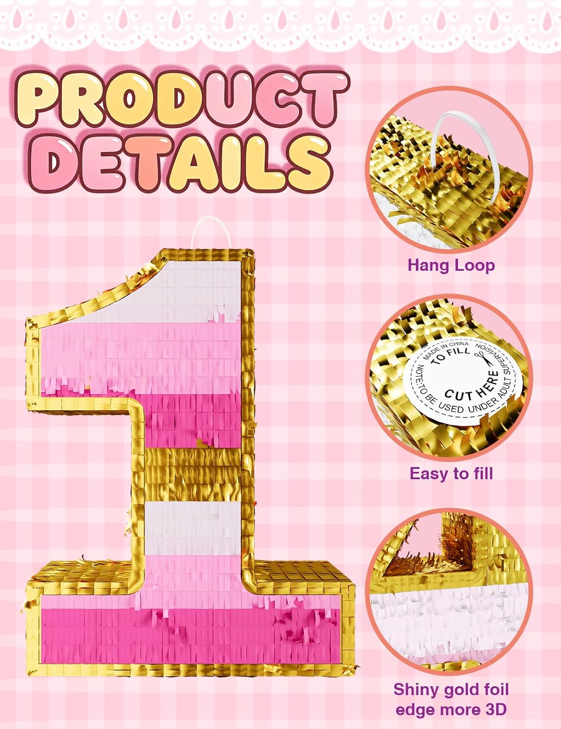 Number 5 Piñata with Stick, Blindfold & Confetti-Pink Piñata for Birthday Parties, Complete Party Game Set for Kids Girls-Gradient Pink Birthday Decor with Fillable Design(Small, 16.5 x 11.5 x 3 In)