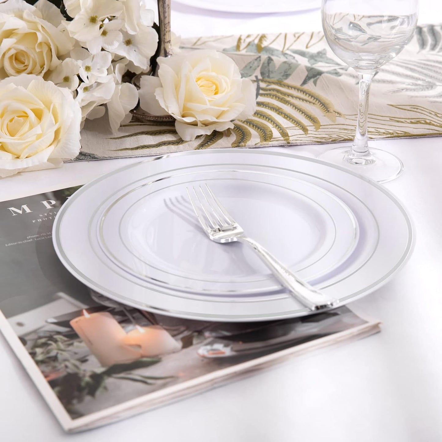 I00000 102 Pieces Gold Plastic Plates, Disposable Party Plates White Gold Rim, 51 Disposable Gold Dinner Plates 10.25 Inch and 51 Disposable Dessert Appetizer Elegant Fancy Wedding Plates 7.5 Inch