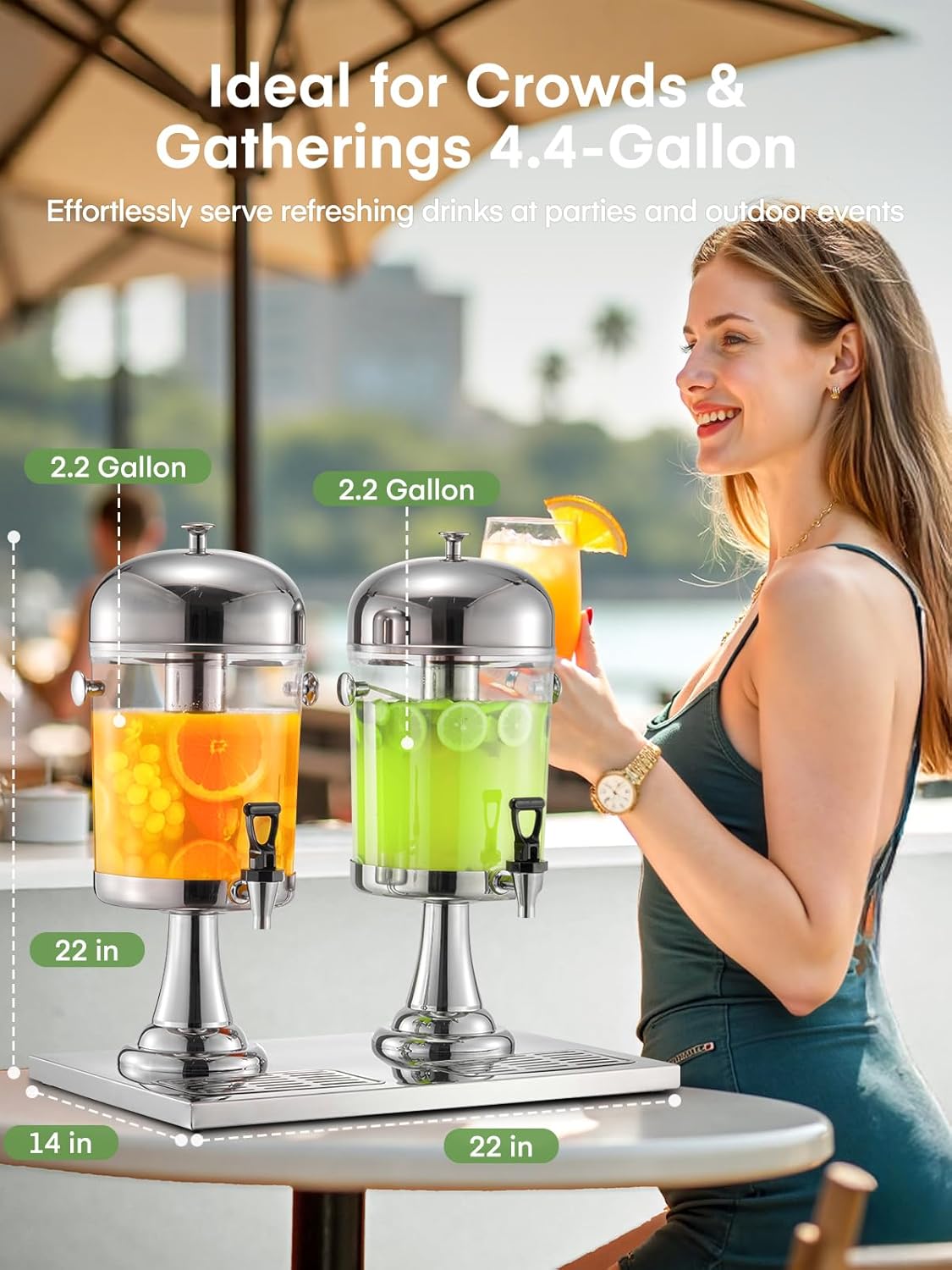 Drink Dispensers for Parties, 4.4 Gallon Beverage Dispenser with Stand & Ice Core, Stainless Steel Beverage Dispenser, Commercial Hot Cold Juice Dispenser with Drip Tray for Bar Buffet Home
