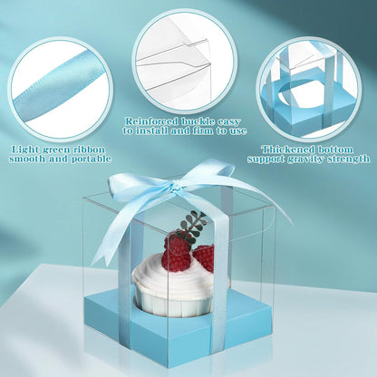 Thenshop 50 Pcs Clear Cupcake Boxes Individual 3.5 Inch Plastic Single Cupcake Containers Boxes with Inserts and Ribbon Individual Cake Storage Holders for Cake Kitchen(Dark Blue)