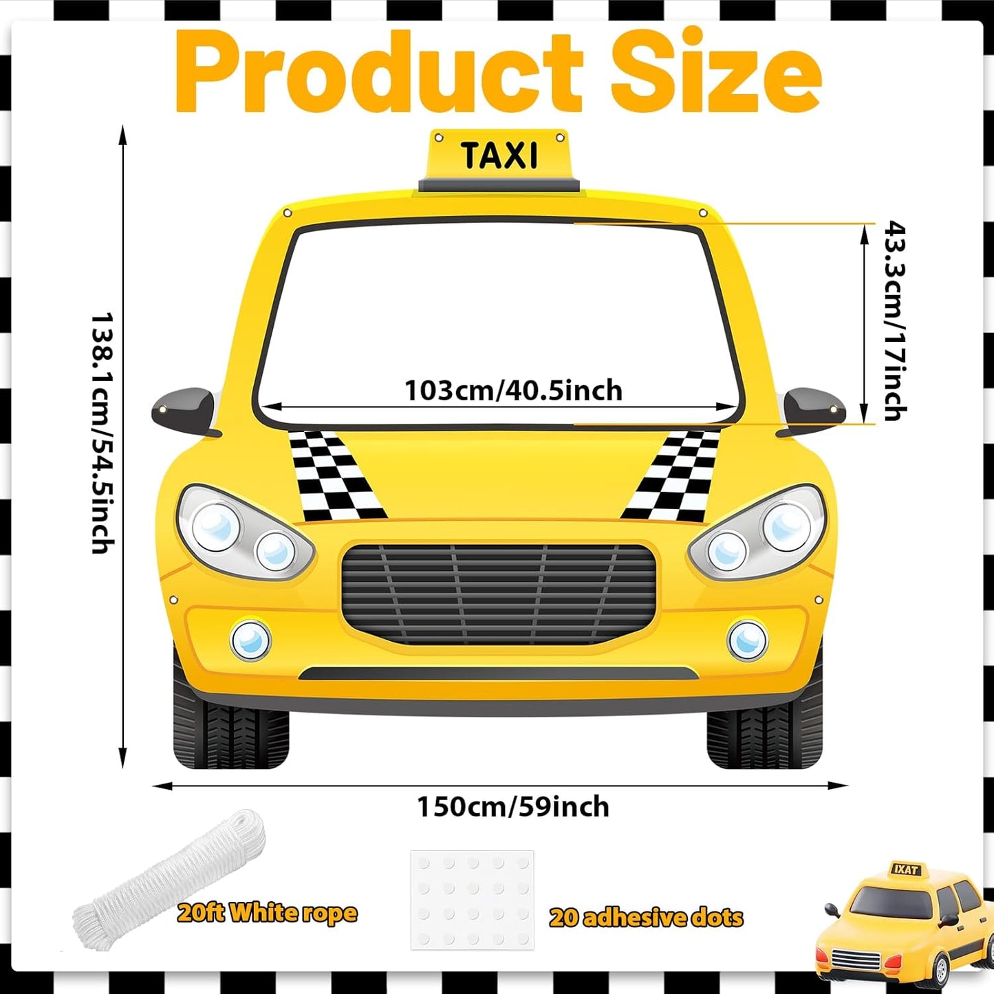 Fabric 59 x 54.5 Inch Car Themed Party Decoration Taxi Themed NYC Photo Booth Yellow Cab Background Taxi Selfie Backdrop Black and White Checkered Decor for Birthday Baby Shower Party Supplies