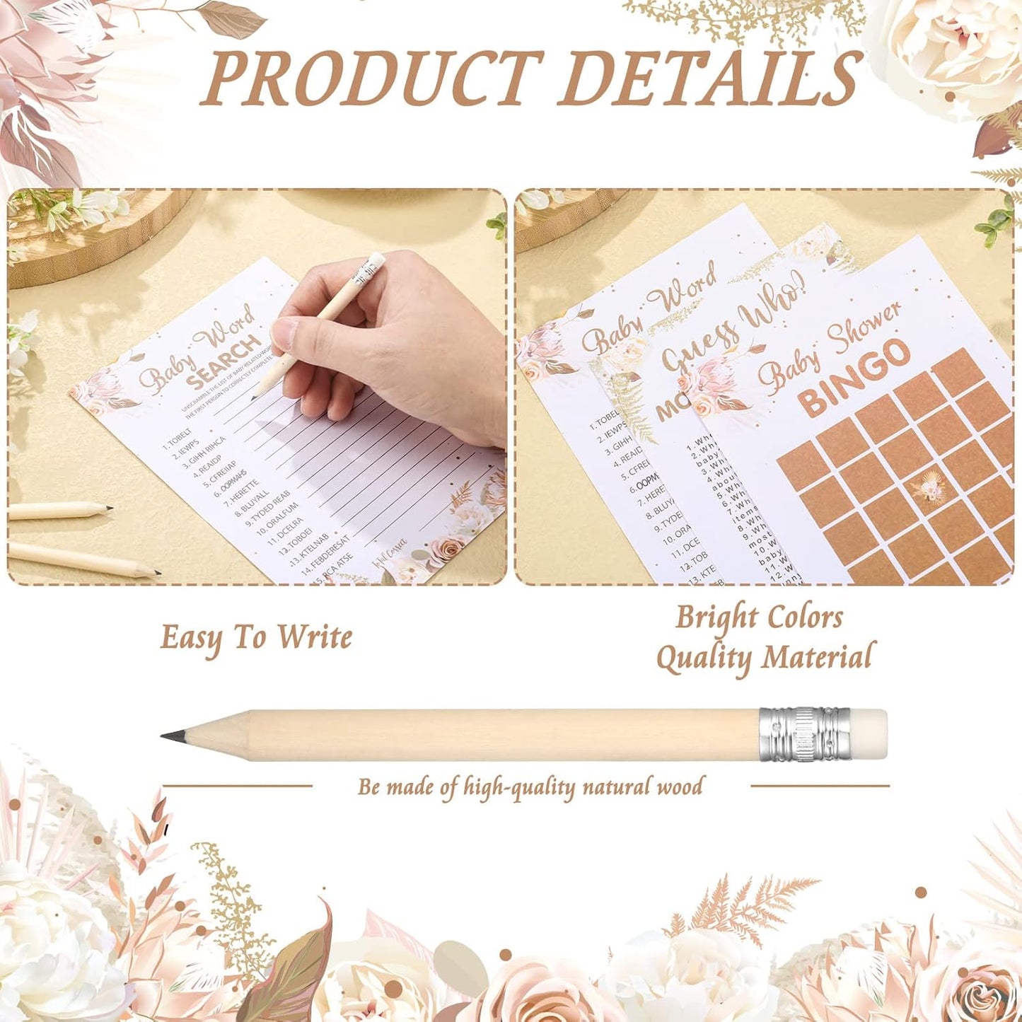 Yinder 145 Pcs Baby Shower Games Activities Cards with 20 Pencils Includes Baby Bingo Description and Wishes Guess Who Price is Right Word Scramble Game(Here Comes the Son)