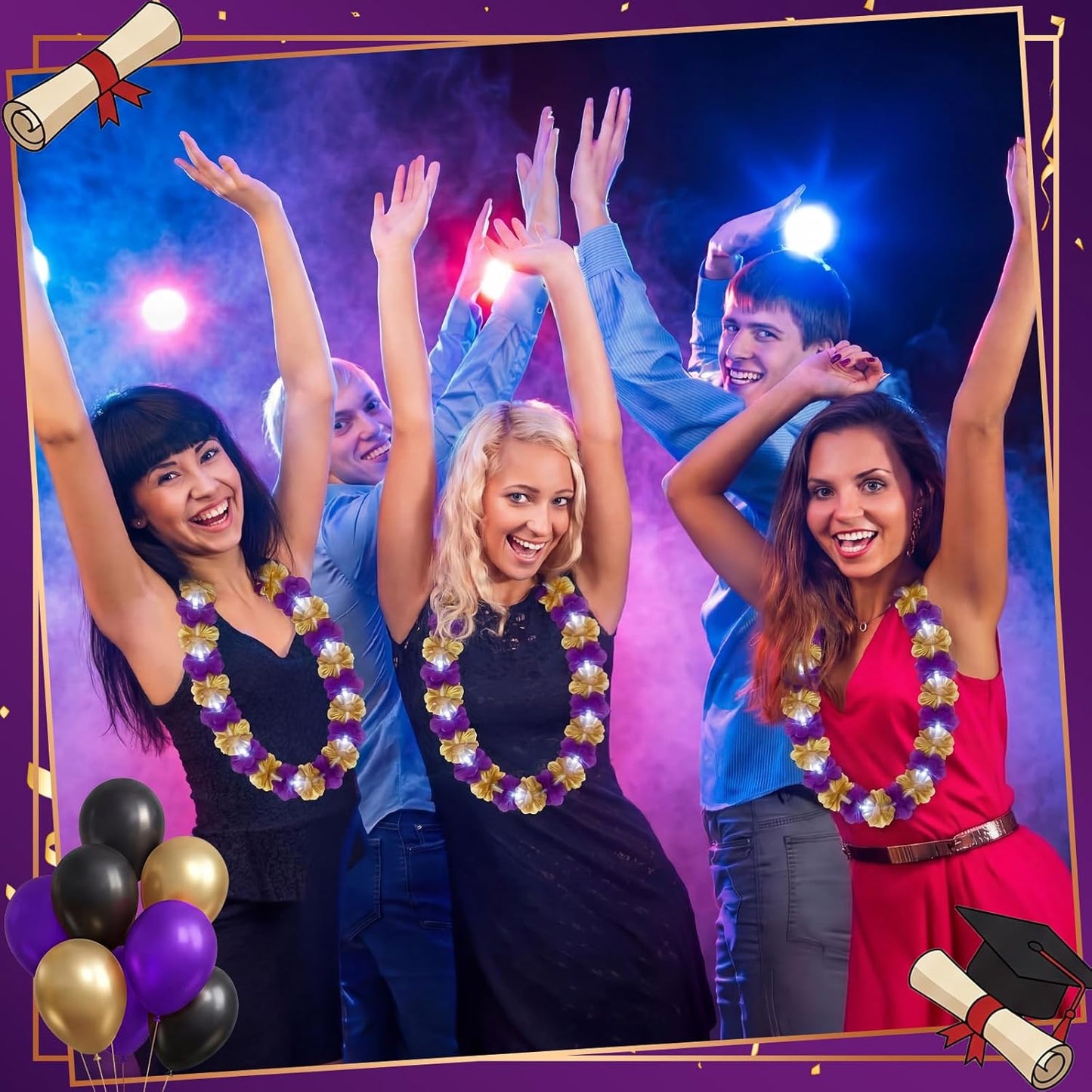 Sherr 24 Pcs LED Leis Light Up Purple and Gold Hawaiian Flower Necklaces, Graduation 2026 Party Supplies, Class of 2026 Leis for Beach Wedding Luau Glow Party Favors
