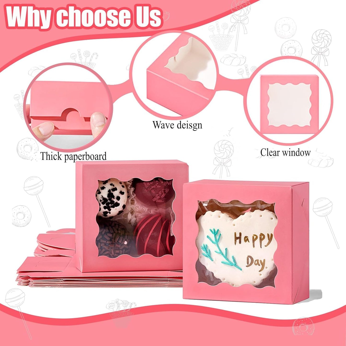 RomanticBaking 3 ¼" x 3 ¼" x 1 ½" 50PCS Chocolate Truffle Boxes for 4，Cookies Boxes Mini Bakery Boxes with Window for Brownie,Soap,Donut