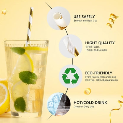 PakTalk 100 Pack Red Straws, Disposable Red and White Biodegradable Paper Striped Straws for Cocktail, Milkshake, Coffee, Lemonade (0.24" x 7.75")