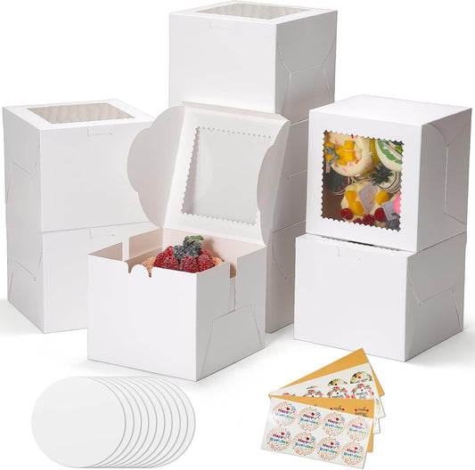 COTOPHER 50 Pcs Cake Boxes 8 Inch, 8x8x5 Inches Cake Containers (25 Boxes & 25 Boards), White Bakery Boxes with Windown for Cookies, Desserts, Cupcake, Pastries, Birthday, Wedding, Mother's Day