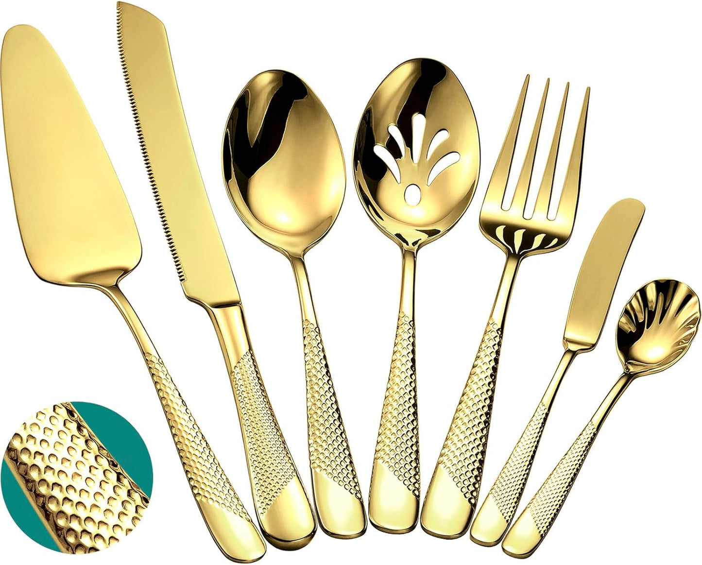 Xideman® 7-Piece Hammered 18/10 Stainless Steel Silverware Serving Utensil Set - Hostess Flatware with Cake Knife & Cake Server (Champagne Gold)