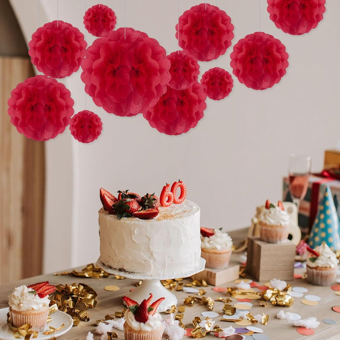 Tissue Paper Pom Poms, Pink Tissue Paper Flowers, Hanging Flower Balls for Weddings Fiesta Parties Birthday Baby Showers Classroom Bridal Shower Decoration (18Piece Set-6/10/12/14Inch)