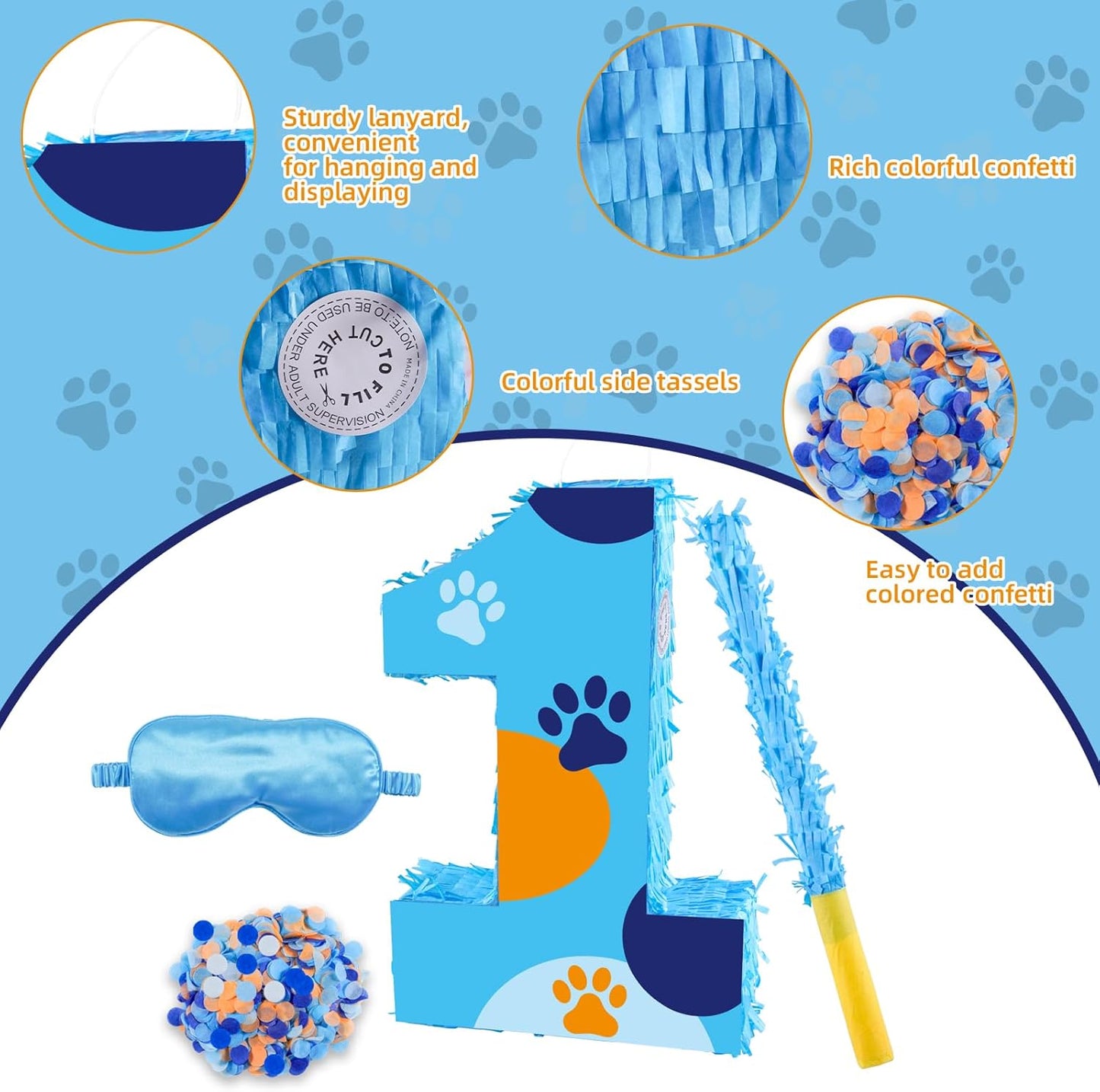 16 Inch Number 2 Dog Paw Pinata with 16 Inch Piñata Stick Blindfold Confetti for Boy Girl Kids 2nd Birthday Party Decorations (2nd)