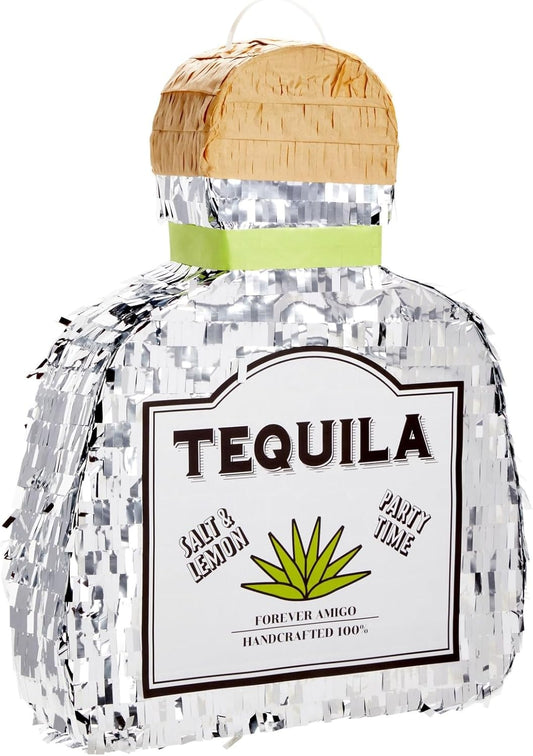 Sparkle and Bash Pinata Tequila Bottle Shape - Small, Silver Foil, 16.5 x 13 x 3 In - Pinata for Tequila Party Decorations & Table Centerpiece & Photo Prop
