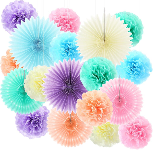 Kosiz 18 Pcs Pastel Rainbow Party Decorations Pastel Paper Fans 3D Floral Tissue Pom Poms Pink Hanging Paper Flowers Garland Classroom Home Wall Decor Birthday Baby Shower Bridal Wedding Supplies