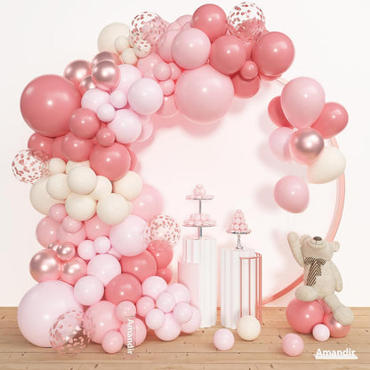 Amandir 153pcs Pink Purple Balloon Garland Arch Kit, Different Sizes 18 12 10 5 inch Pink Purple Red Latex Metallic Confetti Purple Balloons for Girl Women Birthday Bridal Baby Shower Party Decoration