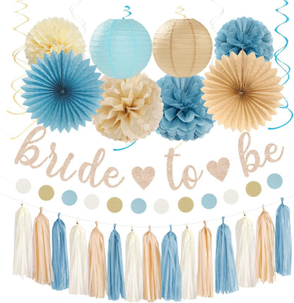 Champagne-Gold Beige Fall Baby-Shower Party-Decorations - 36pcs Welcome Home Banner Sign,Neutral Paper Lanterns,Girl Streamers Garland,Boho Hanging Tissue Pom Poms Flowers Fans Backdrop Decor Burgleda