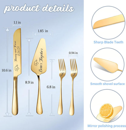HJX Personalized Wedding Cake Knife and Server Set with Champagne Flutes, Custom Name Text Toasting Glasses for Bride and Groom, Cake Cutting Set Ideal Wedding Engagement Bridal Shower Gift