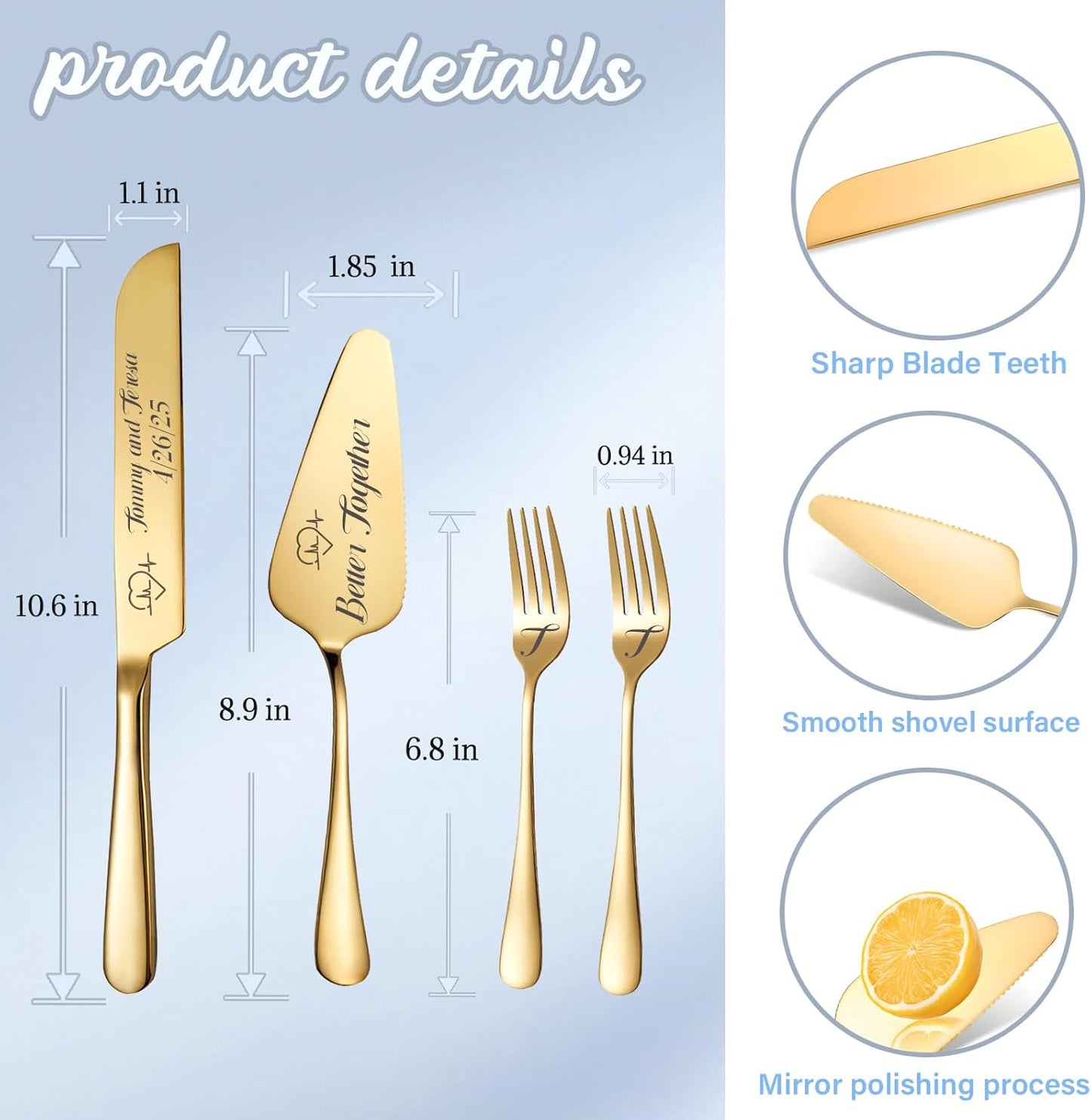 Personalized Wedding Cake Knife and Server Set, Wedding Gold Cake Cutting Set with Stainless Steel Forks, Customized Bridal Anniversary Birthday Wedding Registry Gifts for Couple (Non-customized)