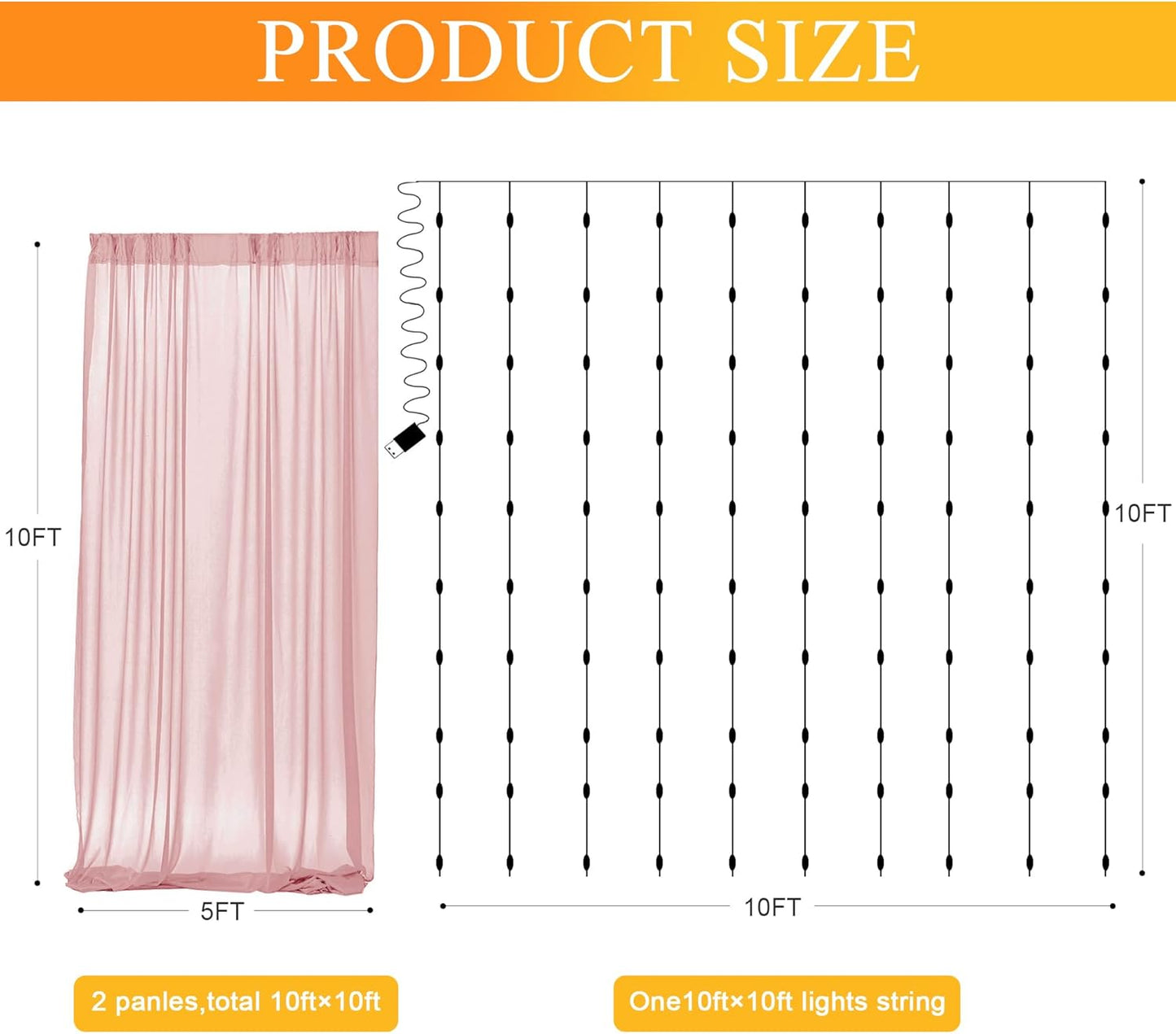 Fomcet Tulle Backdrop Curtains with Lights String White 10FT X 8FT Sheer Curtain with Lights Tulle Curtains Backdrop for Wedding Birthday Party Baby Shower Photo Shoot (2 Panels 5x8FT)
