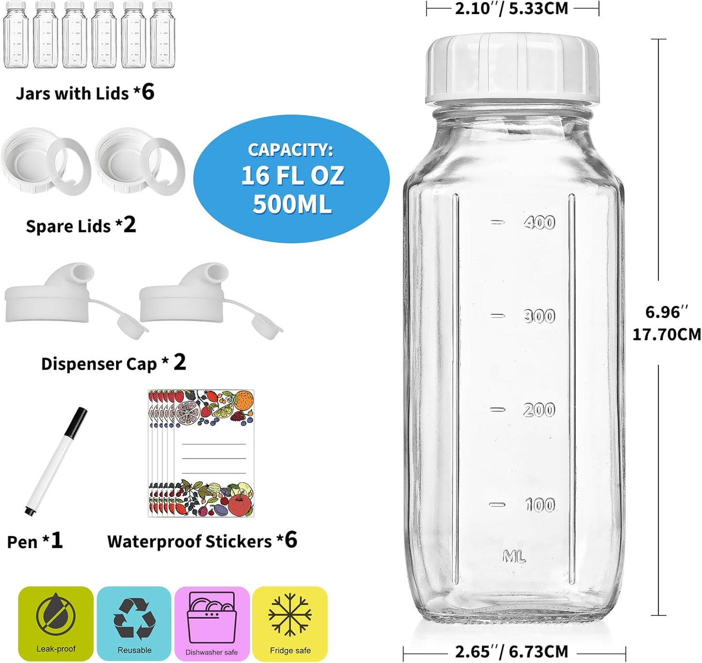 Syntic Glass Juice Bottles with Lids, 3 Pack Clear Glass Water Bottles w 2 Pour Spouts, 16 Oz Reusable Milk Jug w 100% Airtight Cap and Scale for Juicing Containers, Breast Milk Storage, Drinking Jar