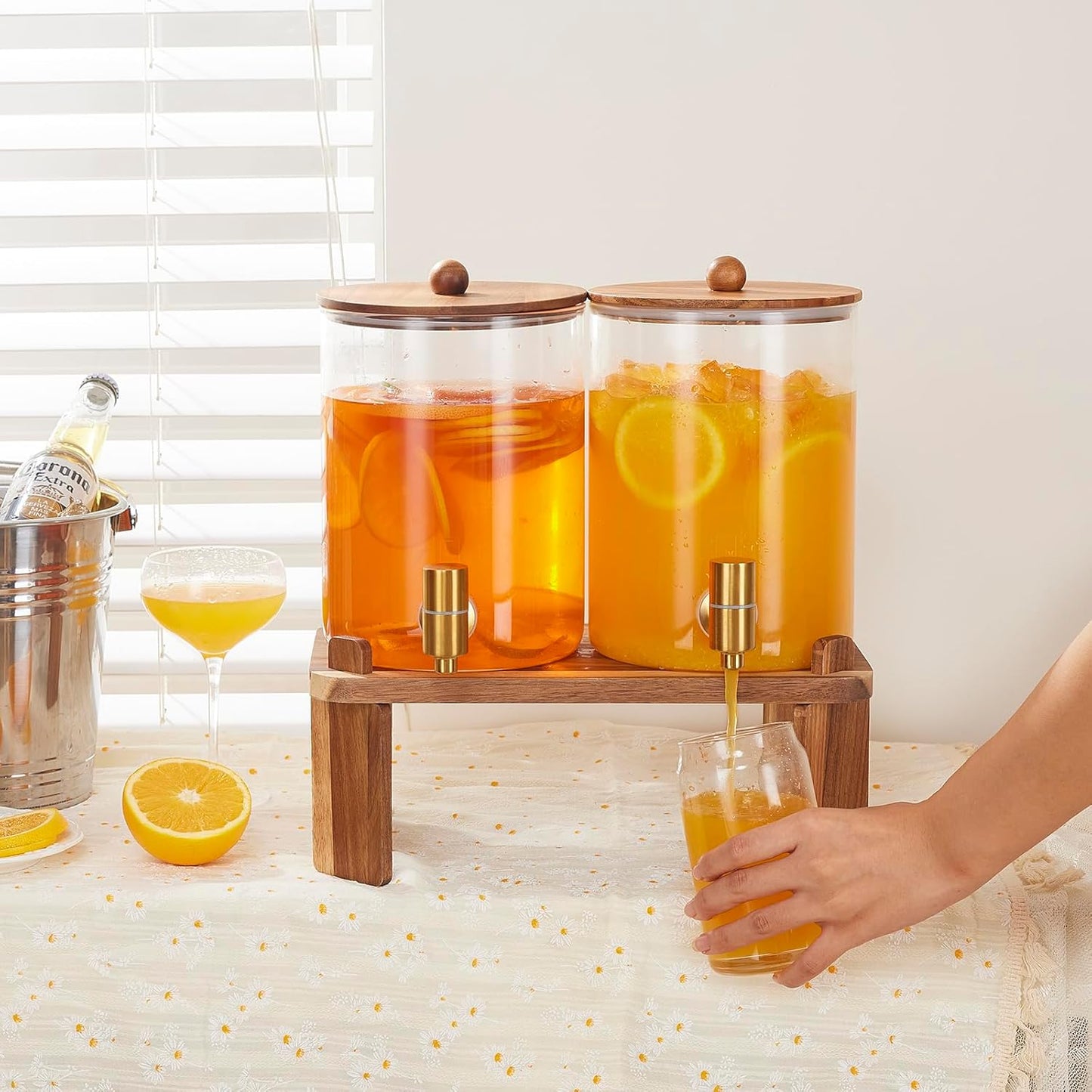 2 PCS 1 Gallon Drink dispenser, Glass Beverage Dispenser With Wood Stand, Large Water Drink Dispensers for Parties With Stainless Steel Spigot, Ideal for Lemonade,Juice, Tea, and Party Drinks