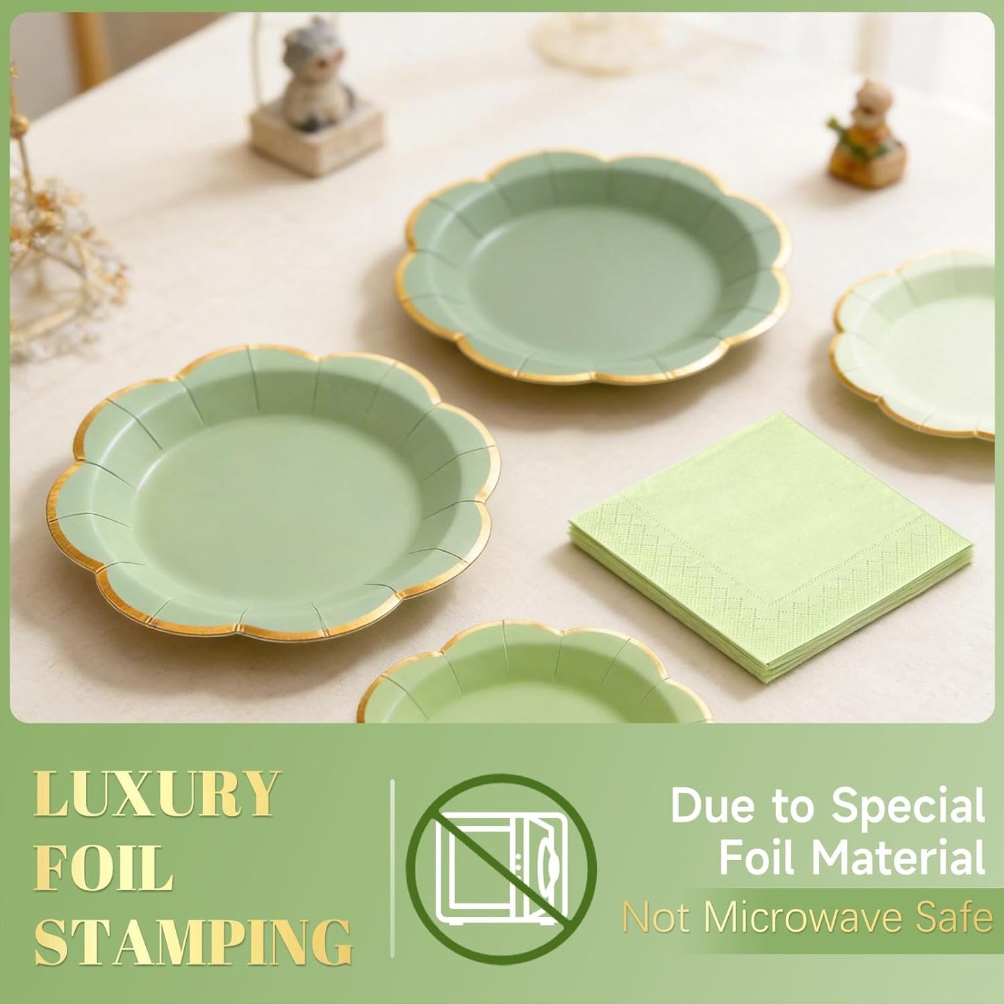 Sage Green Plates and Napkins Party Supplies for 20 Guests,Green Scalloped Paper Plates with Gold Rim, Elegant Disposable Tableware Set for Birthday,Baby Shower, Wedding, Bridal & Tea Party,60 PCS