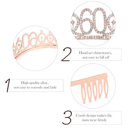 Semato 60 & Fabulous Birthday Crown and Sash Kit- 60th Birthday Gifts for Women 60th Birthday Party Decorations (rose gold)