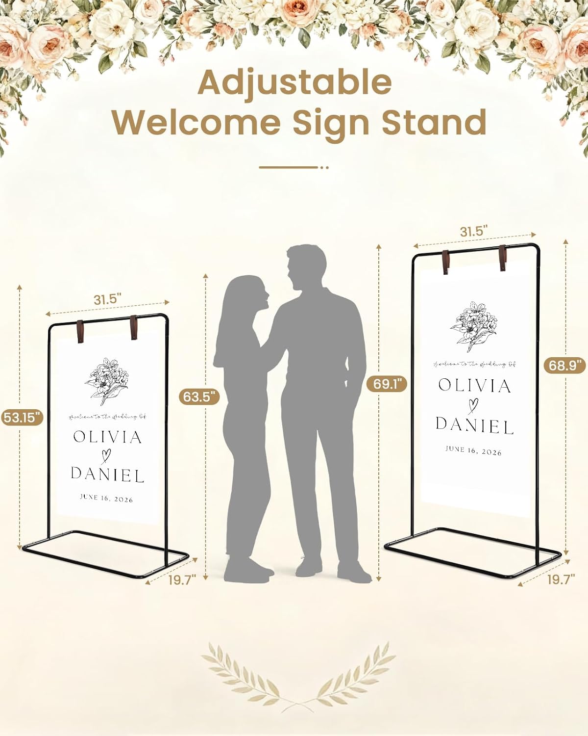 Wedding Welcome Sign Stand, Welcome to our Wedding Sign Holder, Black Easel Stand for Sign Poster With Design Bundle & Ground Stakes & Leather Sign Hanging Straps, Linen Sign Stand for Wedding Decor