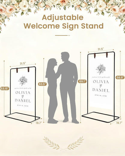 Wedding Welcome Sign Stand, Welcome to our Wedding Sign Holder, Black Easel Stand for Sign Poster With Design Bundle & Ground Stakes & Leather Sign Hanging Straps, Linen Sign Stand for Wedding Decor