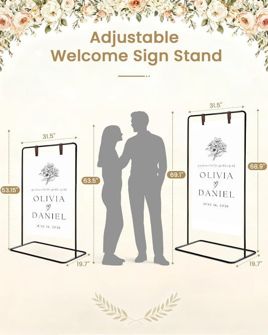 Wedding Welcome Sign Stand, Welcome to our Wedding Sign Holder, Black Easel Stand for Sign Poster With Design Bundle & Ground Stakes & Leather Sign Hanging Straps, Linen Sign Stand for Wedding Decor